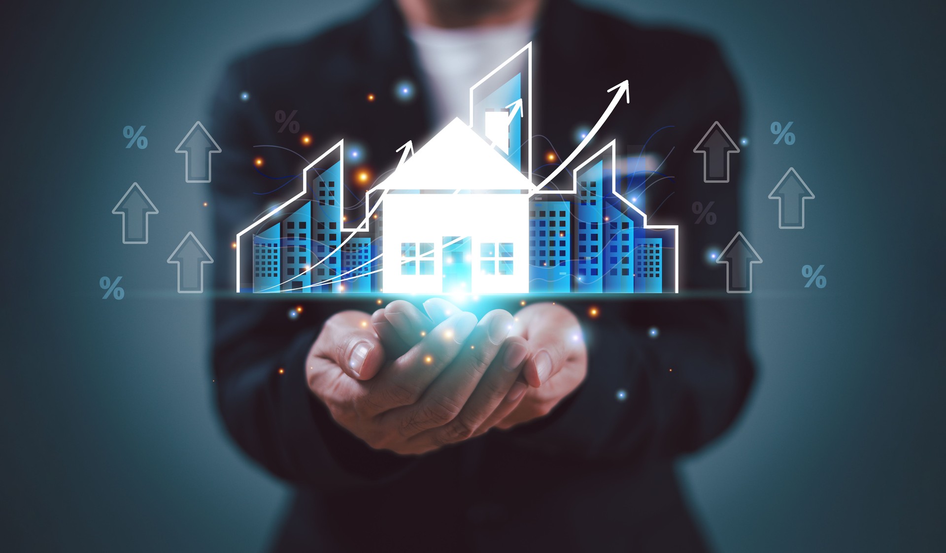 Real estate investment concept. Succession business agent, home insurance service, broker offer financial. Tax interest rate, property value growth. Man hold estate market, home loan mortgage icon